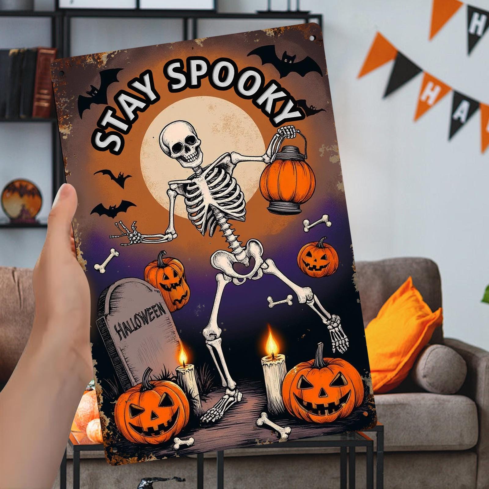 Stay Spooky Skeleton Metal Sign - Halloween Pumpkin Lantern Porch Decor, Vintage Spooky Wall Art