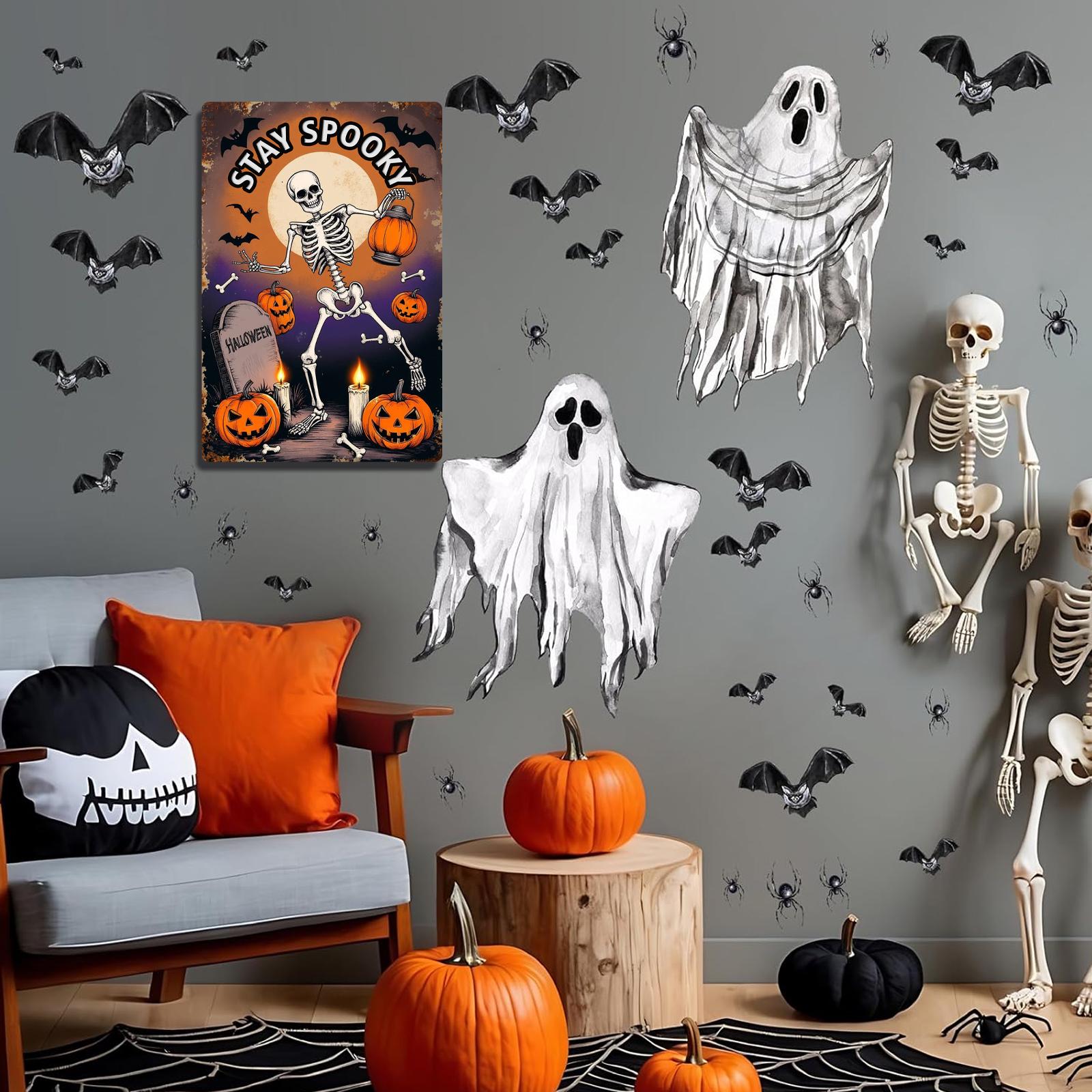 Stay Spooky Skeleton Metal Sign - Halloween Pumpkin Lantern Porch Decor, Vintage Spooky Wall Art