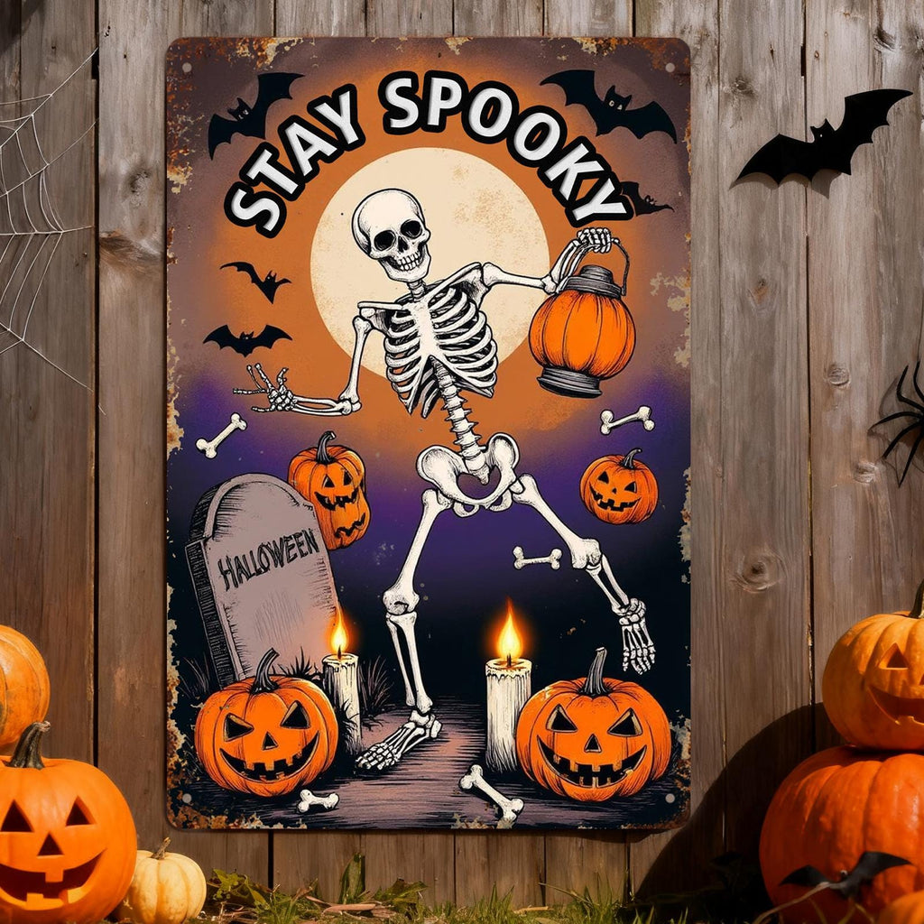 Stay Spooky Skelett Metallschild | Halloween Kürbislaterne Veranda DekoVintage Spooky W…