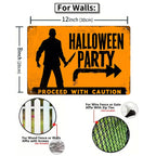 Halloween Party Blechschild | Vorsicht, gruselige Silhouette Messer Horror Veranda…