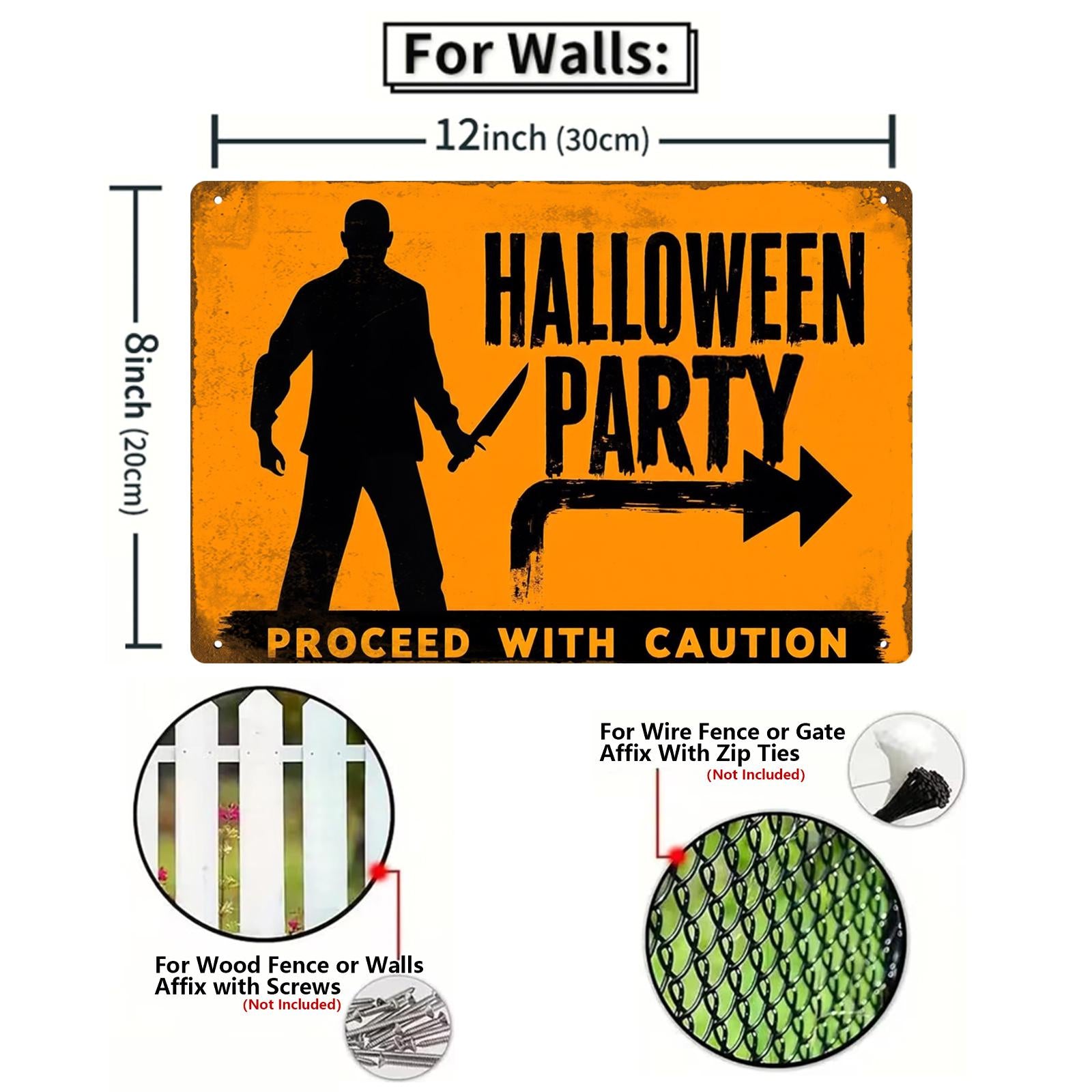 Halloween Party Metal Sign - Proceed With Caution, Scary Silhouette Knife Horror Porch Decor