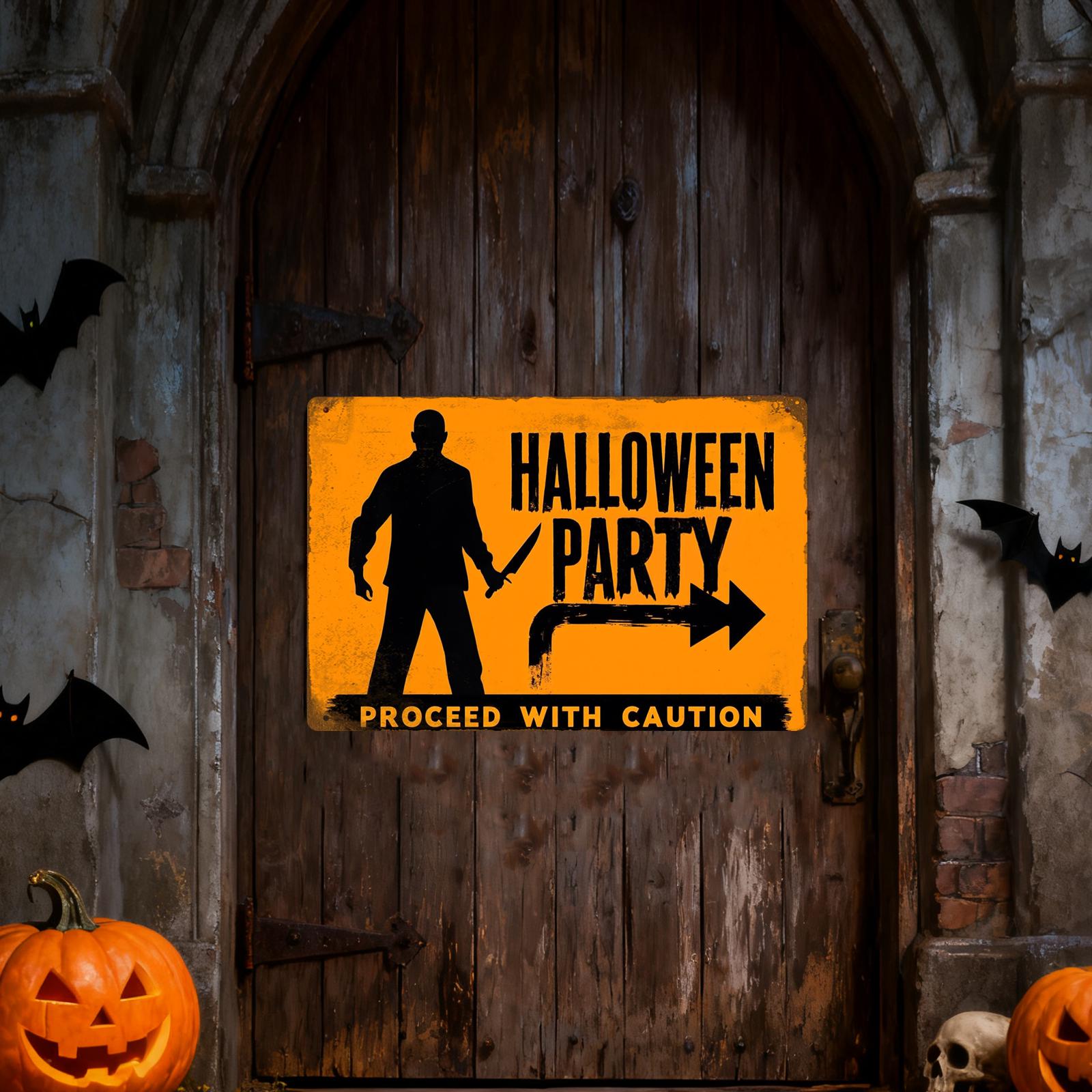Halloween Party Metal Sign - Proceed With Caution, Scary Silhouette Knife Horror Porch Decor