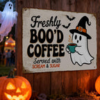 Panneau métallique café fantôme d'Halloween | Décoration de cuisine fraîchement hantée
