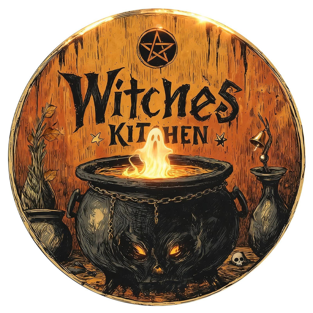 Witch's Kitchen Metal Sign: Cauldron & Ghost Flame Halloween Decor