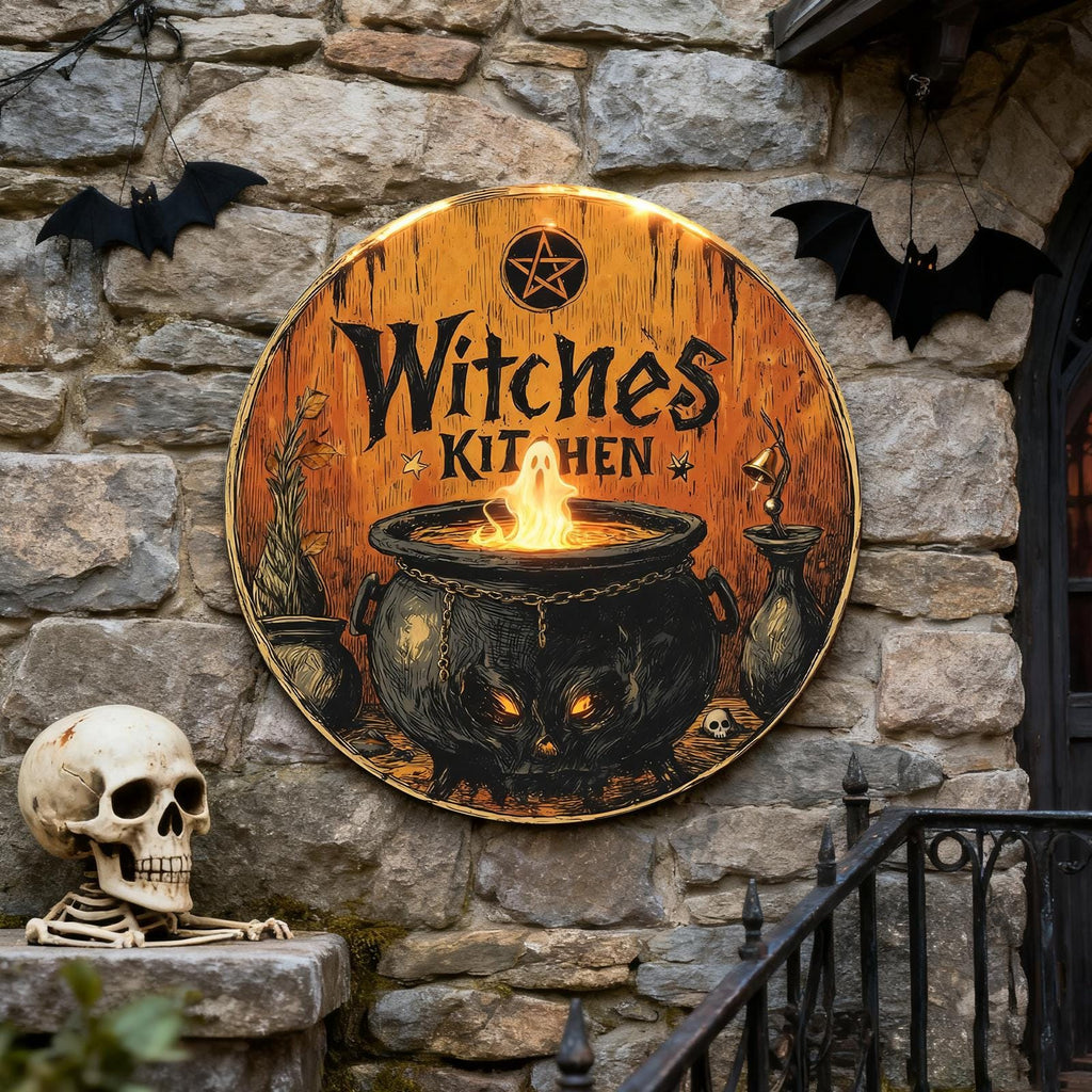 Witch's Kitchen Metal Sign: Cauldron & Ghost Flame Halloween Decor