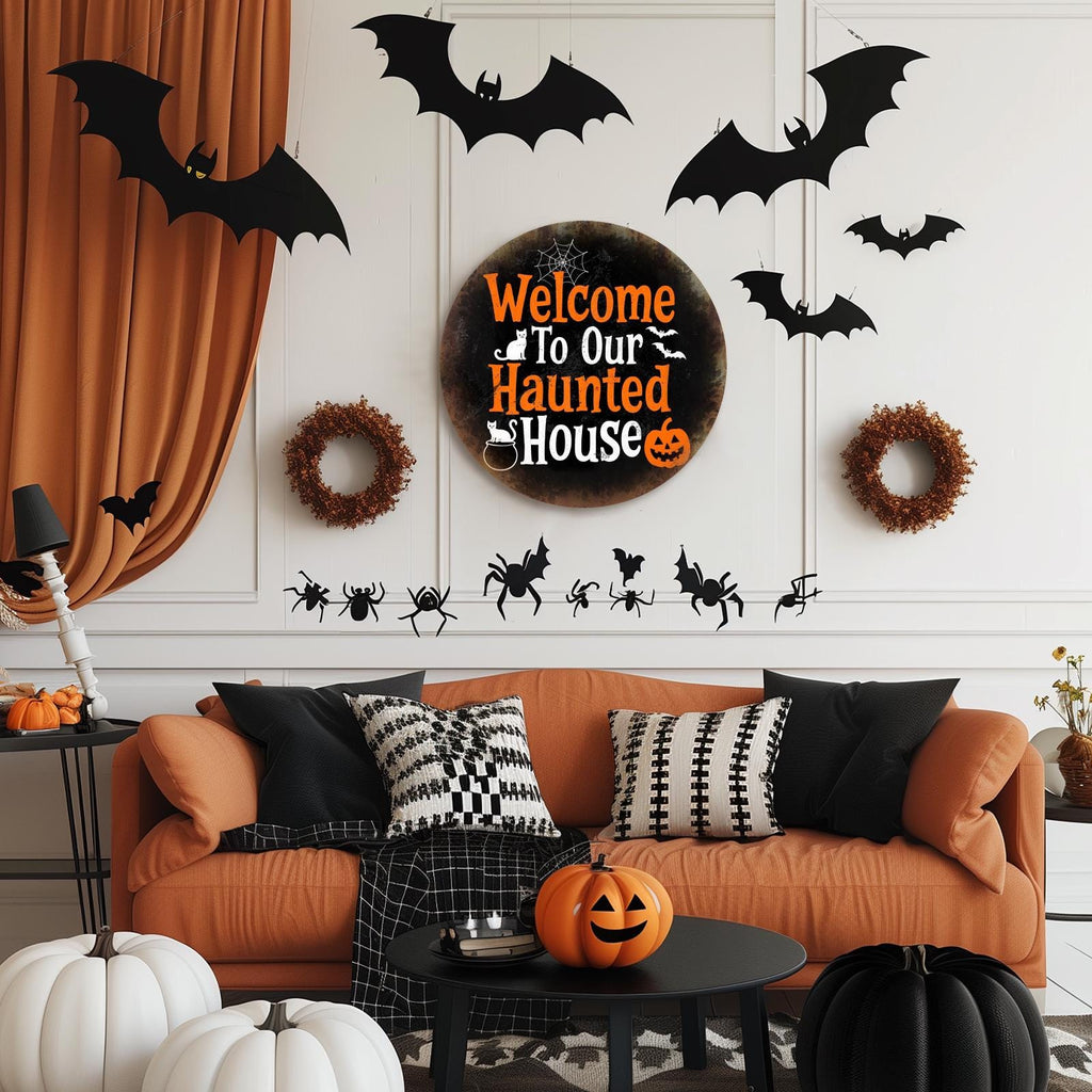 Plaque métallique maison hantée | Décoration rétro d'Halloween pour porche