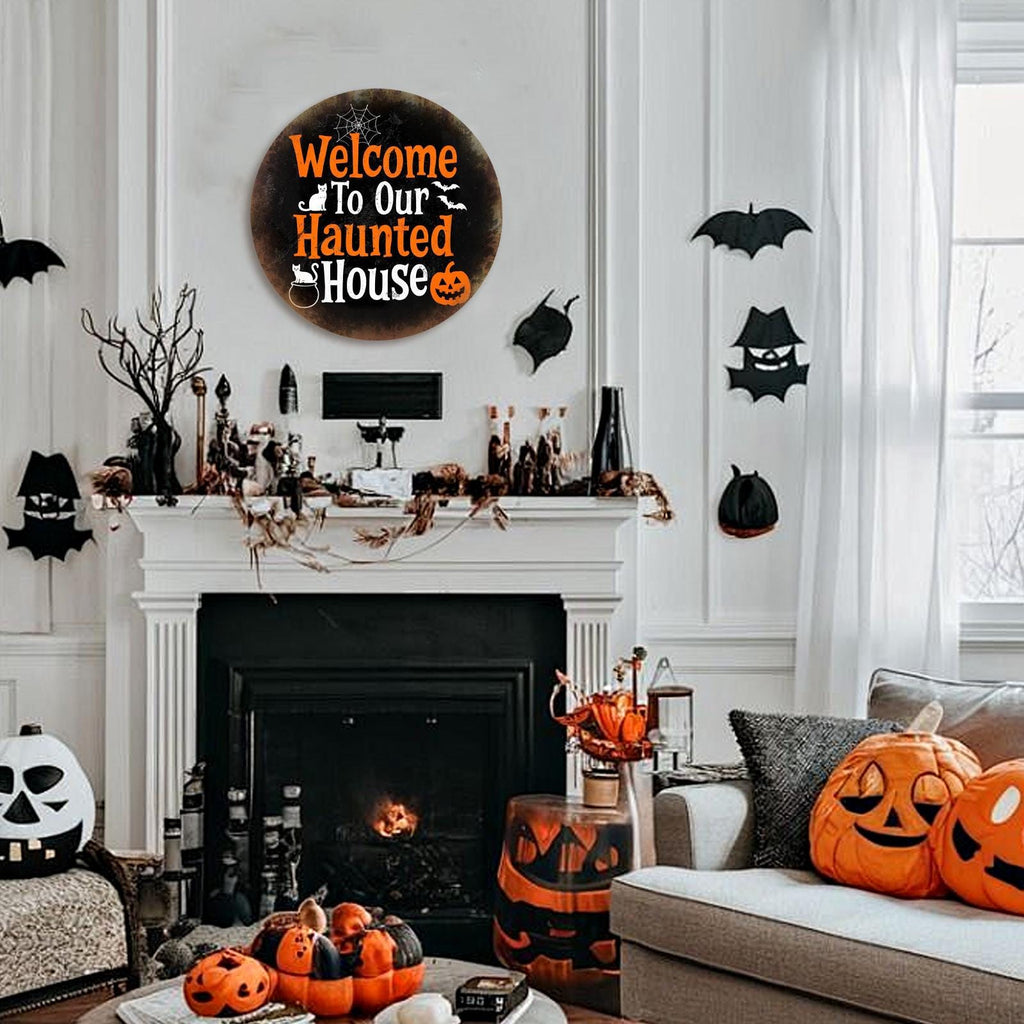 Plaque métallique maison hantée | Décoration rétro d'Halloween pour porche