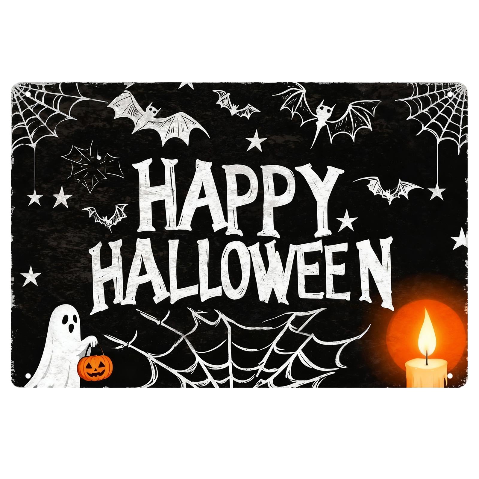 Happy Halloween Metal Sign - Ghost, Candle & Spiderweb Porch Decor, Spooky Wall Art