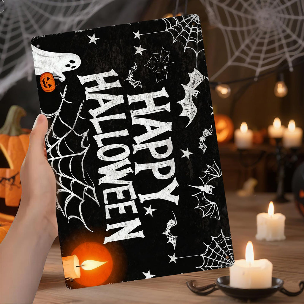 Happy Halloween Metal Sign - Ghost, Candle & Spiderweb Porch Decor, Spooky Wall Art