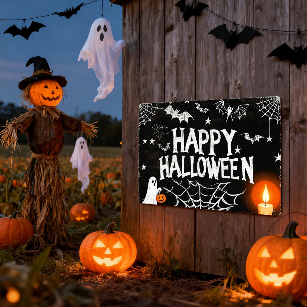 Happy Halloween Metal Sign - Ghost, Candle & Spiderweb Porch Decor, Spooky Wall Art