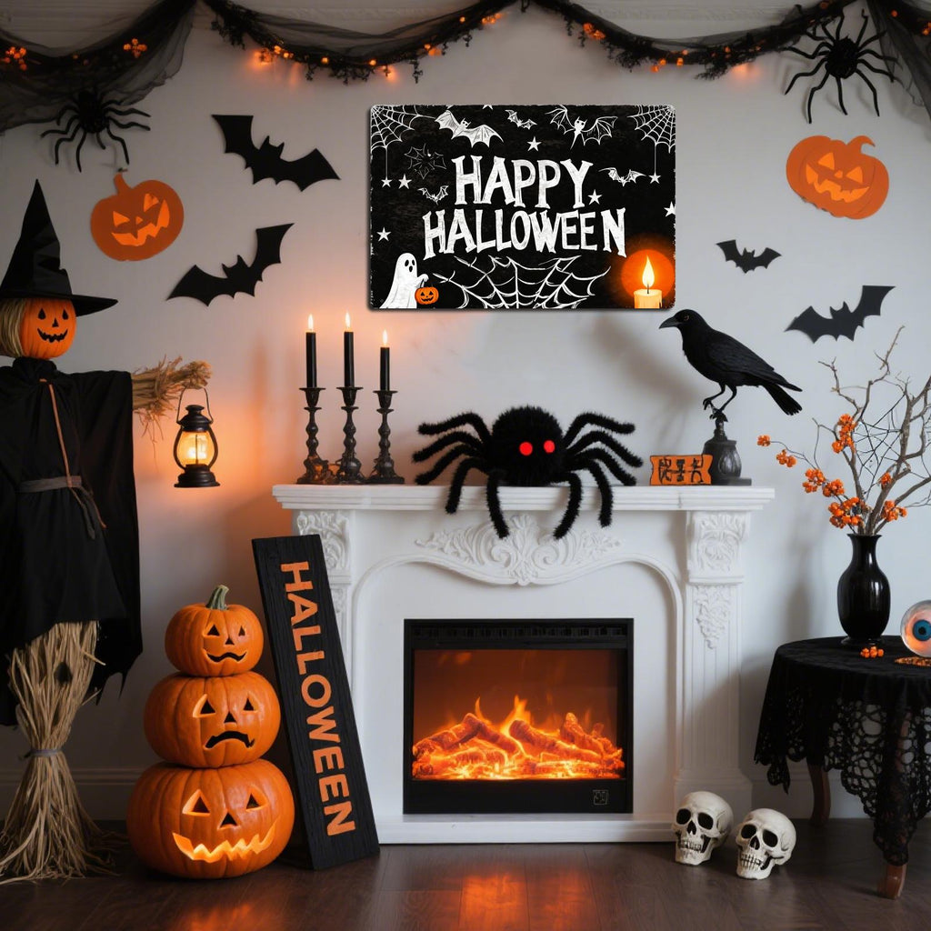 Happy Halloween Metal Sign - Ghost, Candle & Spiderweb Porch Decor, Spooky Wall Art