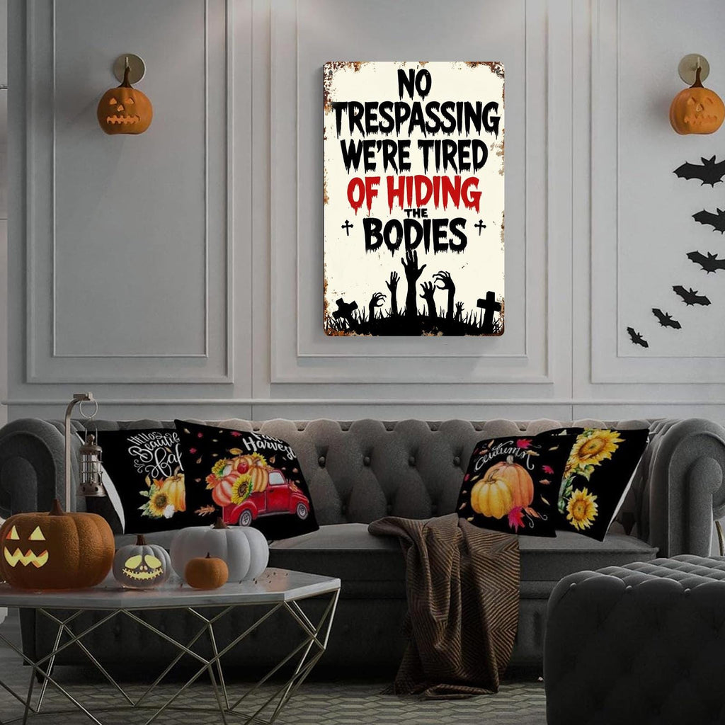 Letrero metálico "Cansado de Esconder Cuerpos" | Decoración festiva y de temporada