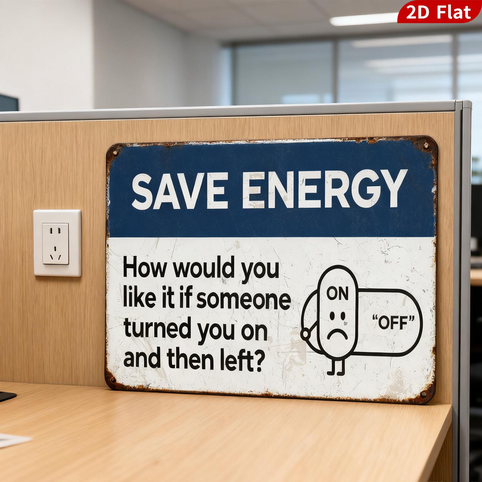 Save Energy Sign: Blue & White Light Switch Reminder, Metal Wall Plaque