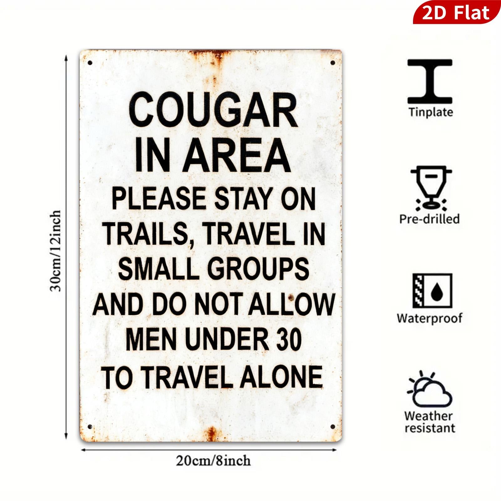 Cougar Warning Metal Sign: Funny Hunting Decor, Rustic Cabin Plaque