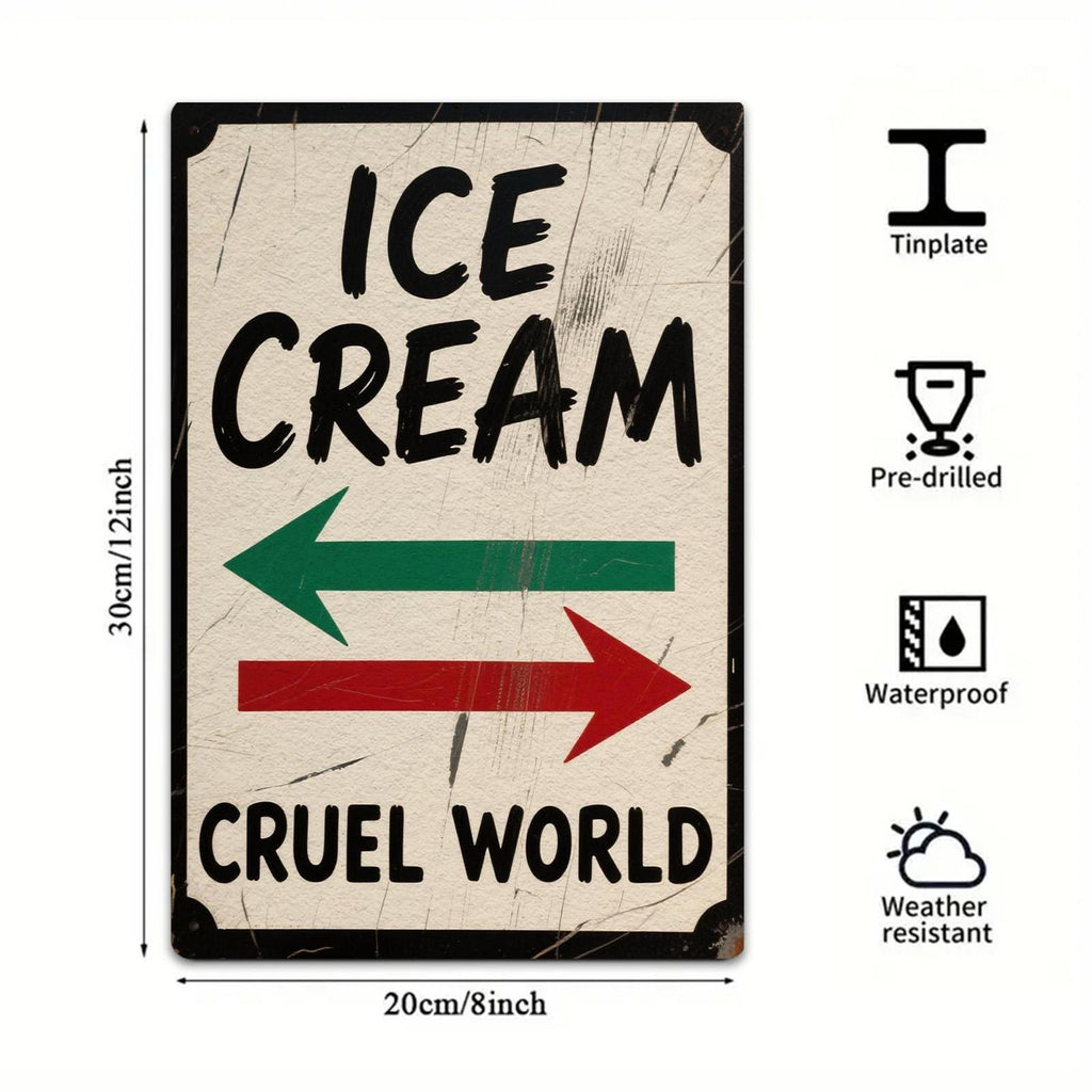Plaque métallique style vintage | Texte « Ice Cream & Cruel World » | 20x30 cm