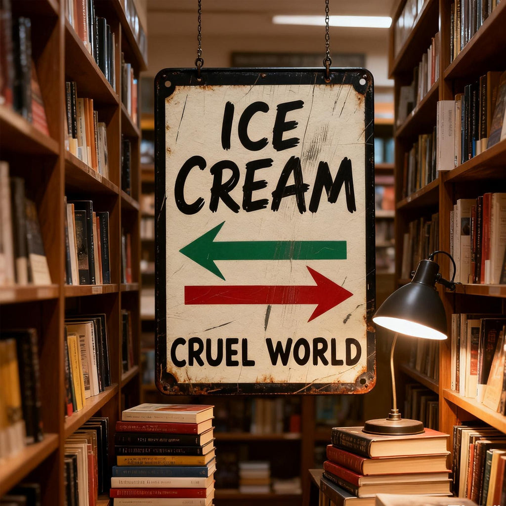Plaque métallique style vintage | Texte « Ice Cream & Cruel World » | 20x30 cm