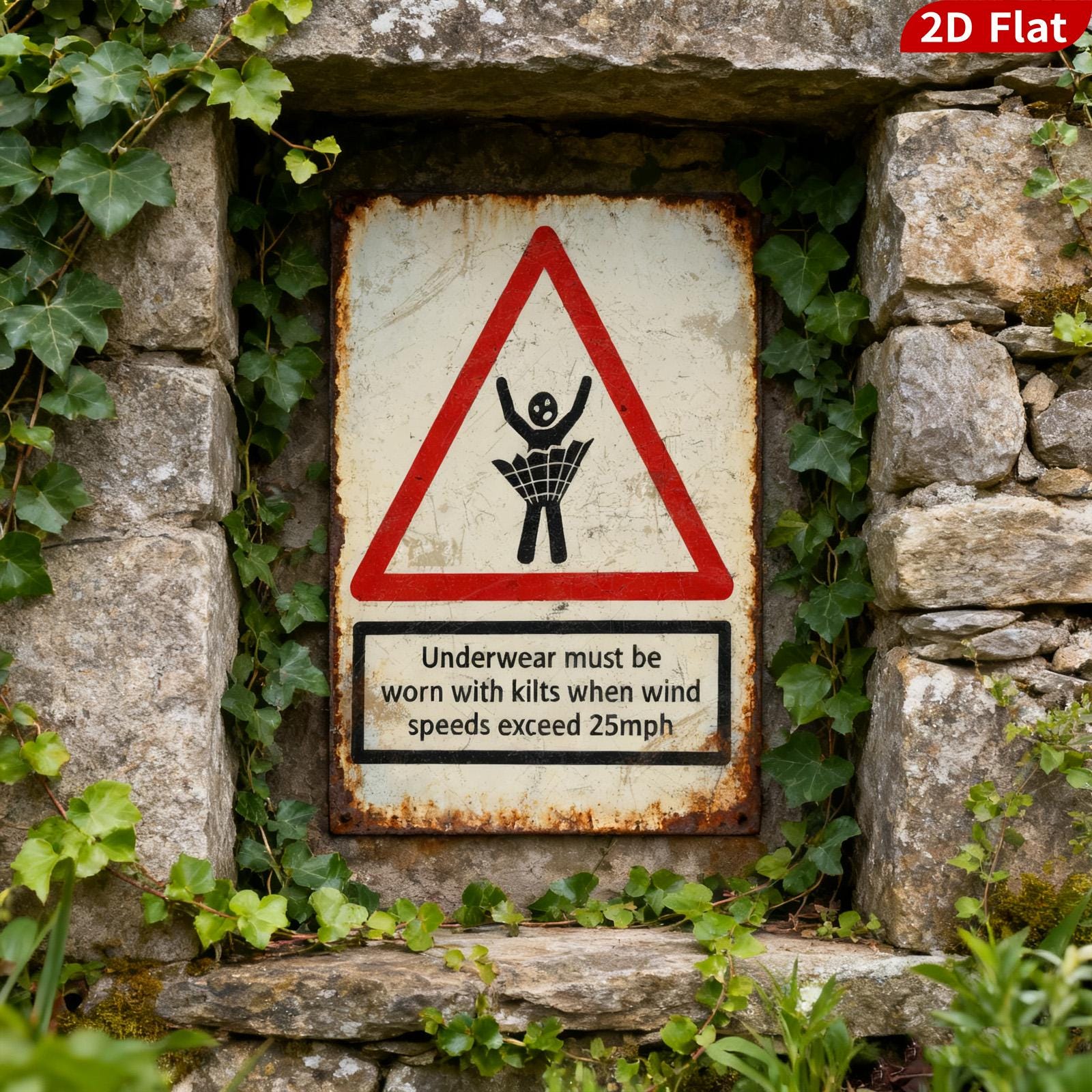 Funny Kilt Warning Sign, Underwear Required When Windy, Novelty Metal Wall Art