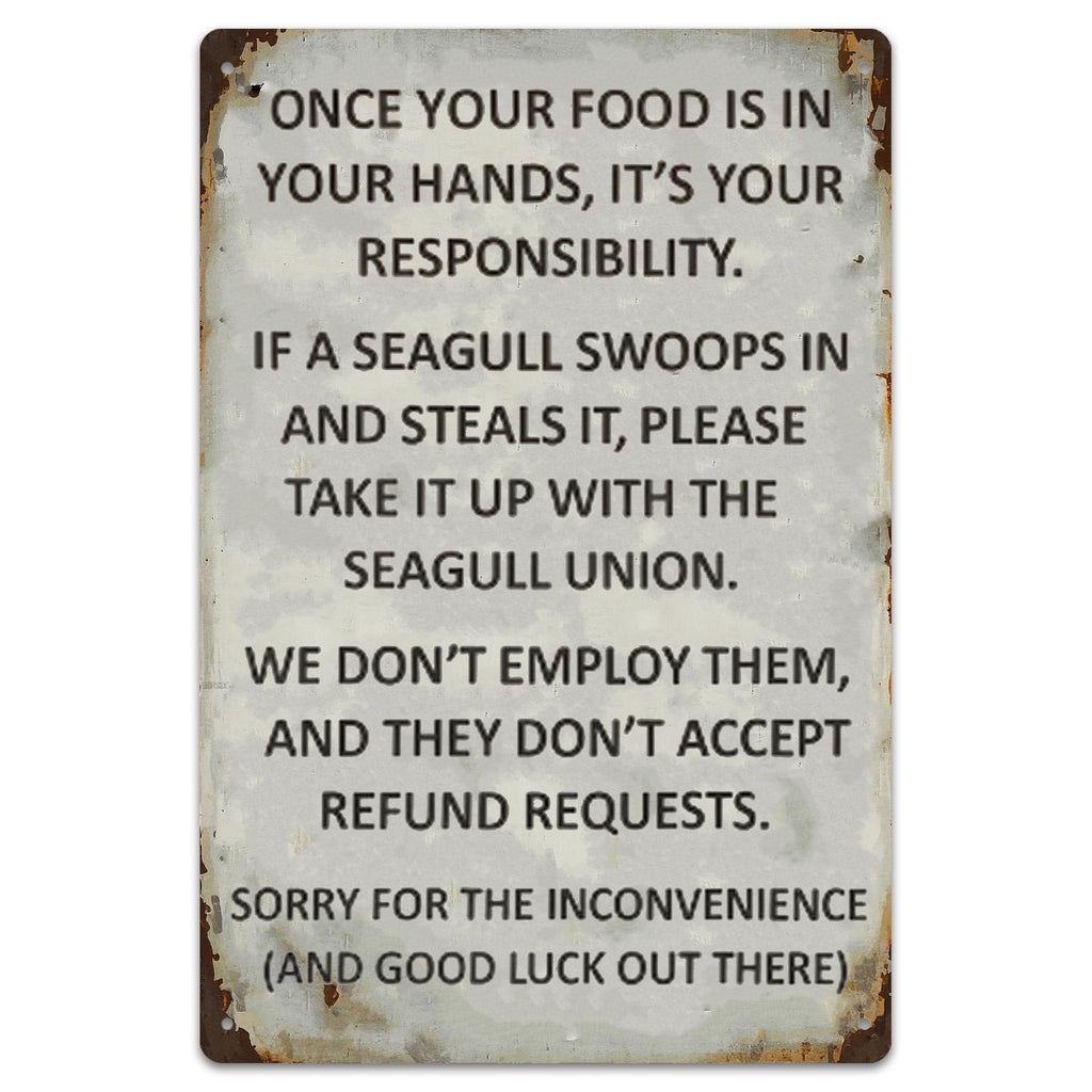 Seagull Food Warning Metal Sign, Coastal Beach House Decor