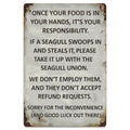 Seagull Food Warning Metal Sign, Coastal Beach House Decor