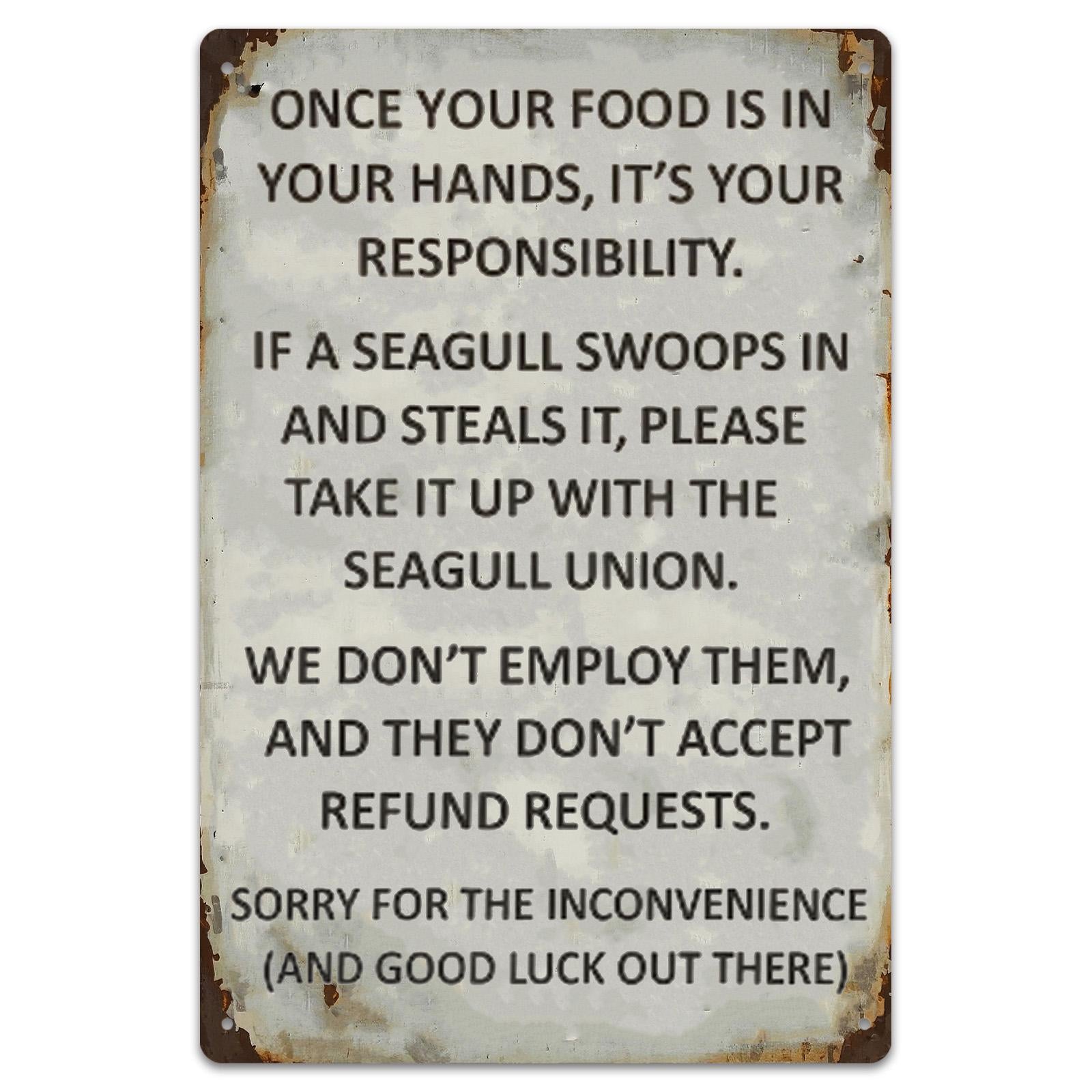 Seagull Food Warning Metal Sign, Coastal Beach House Decor