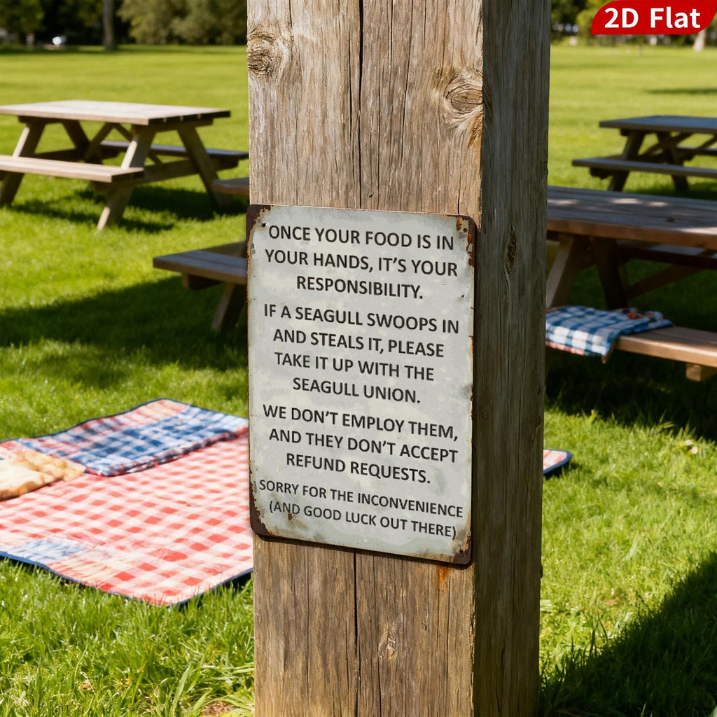 Seagull Food Warning Metal Sign, Coastal Beach House Decor