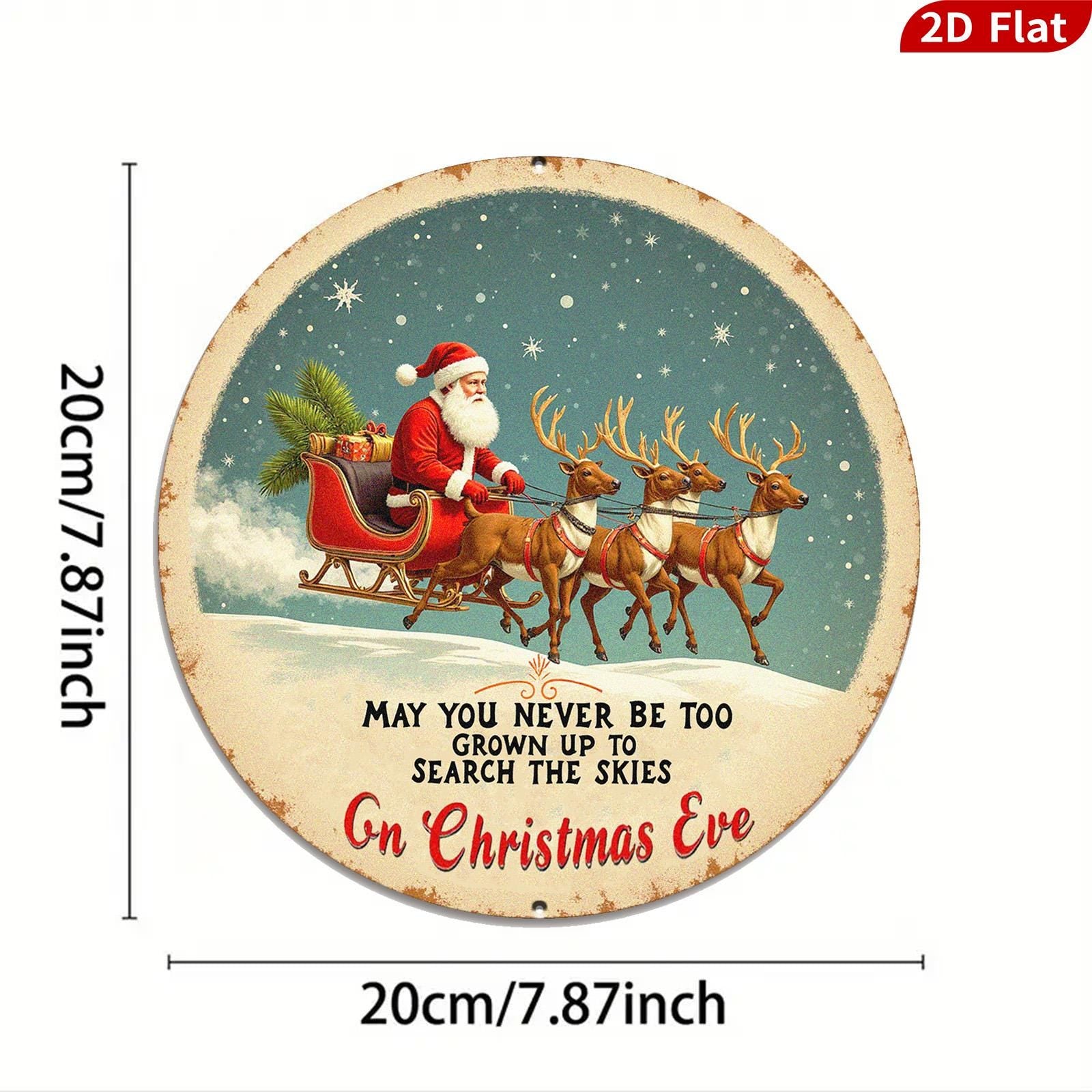 Vintage Santa Sleigh Metal Sign - Christmas Eve Round Wall Art, Retro Holiday Porch Decor