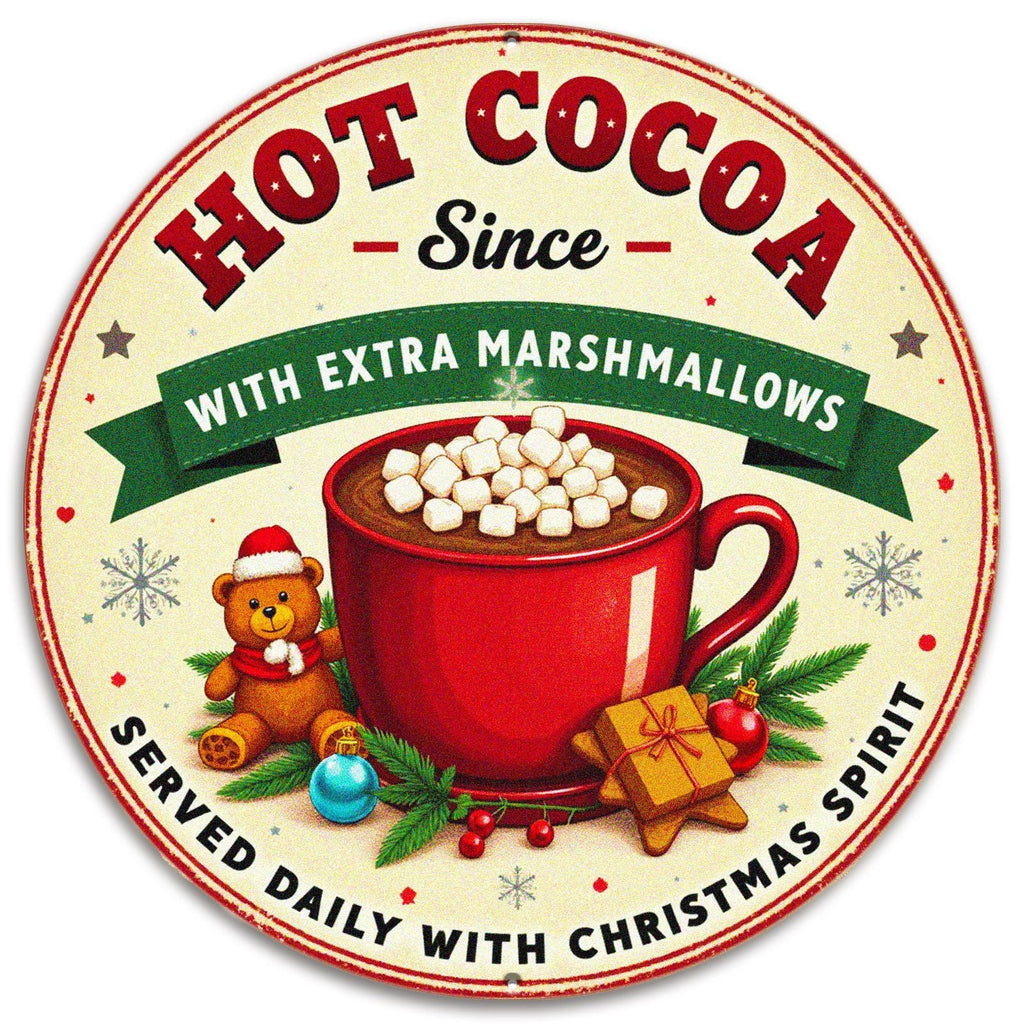 Hot Cocoa Metal Sign - With Extra Marshmallows, Round Christmas Kitchen & Holiday Wall Decor