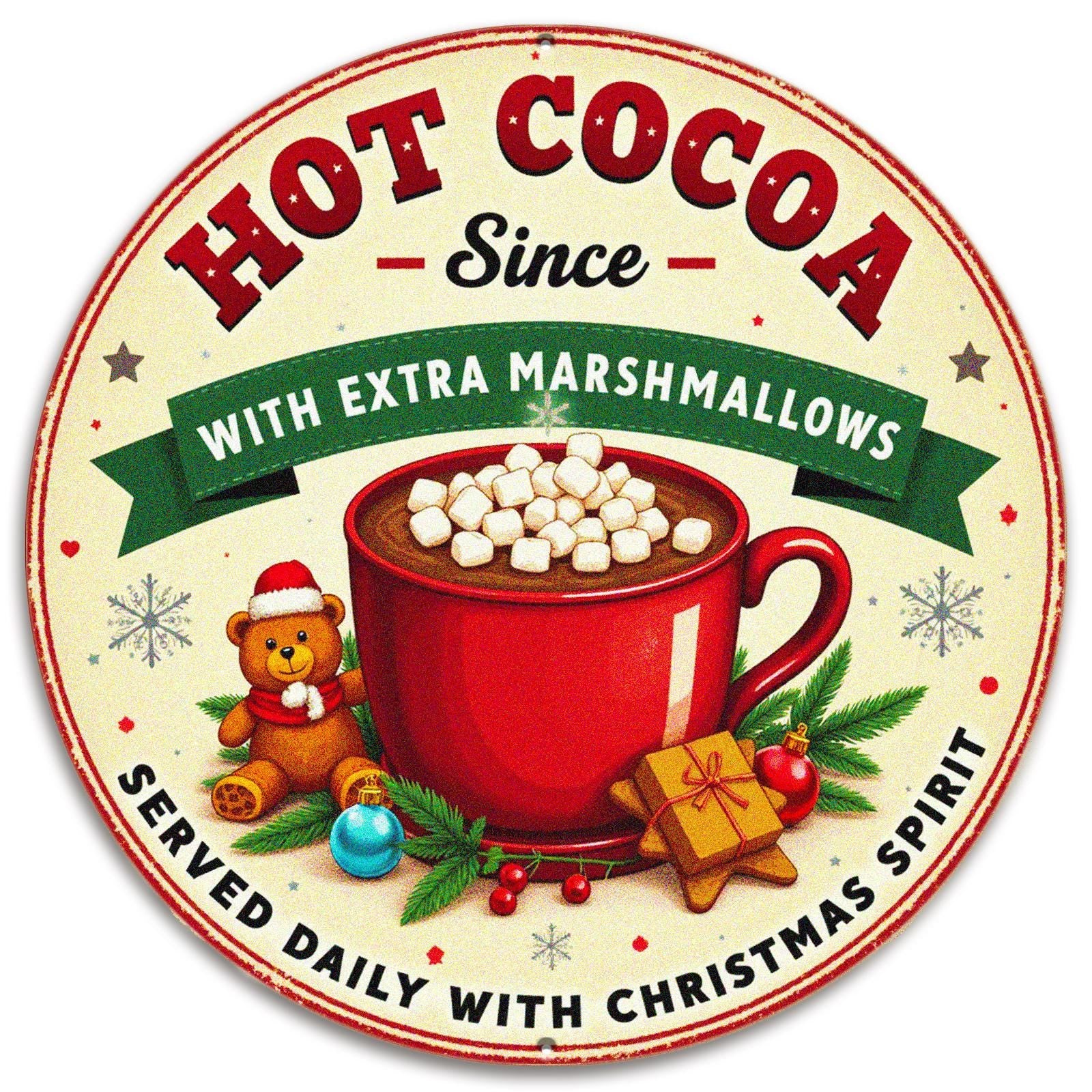 Hot Cocoa Metal Sign - With Extra Marshmallows, Round Christmas Kitchen & Holiday Wall Decor