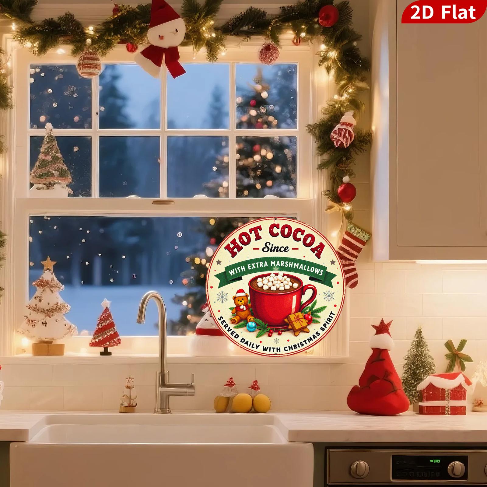 Hot Cocoa Metal Sign - With Extra Marshmallows, Round Christmas Kitchen & Holiday Wall Decor