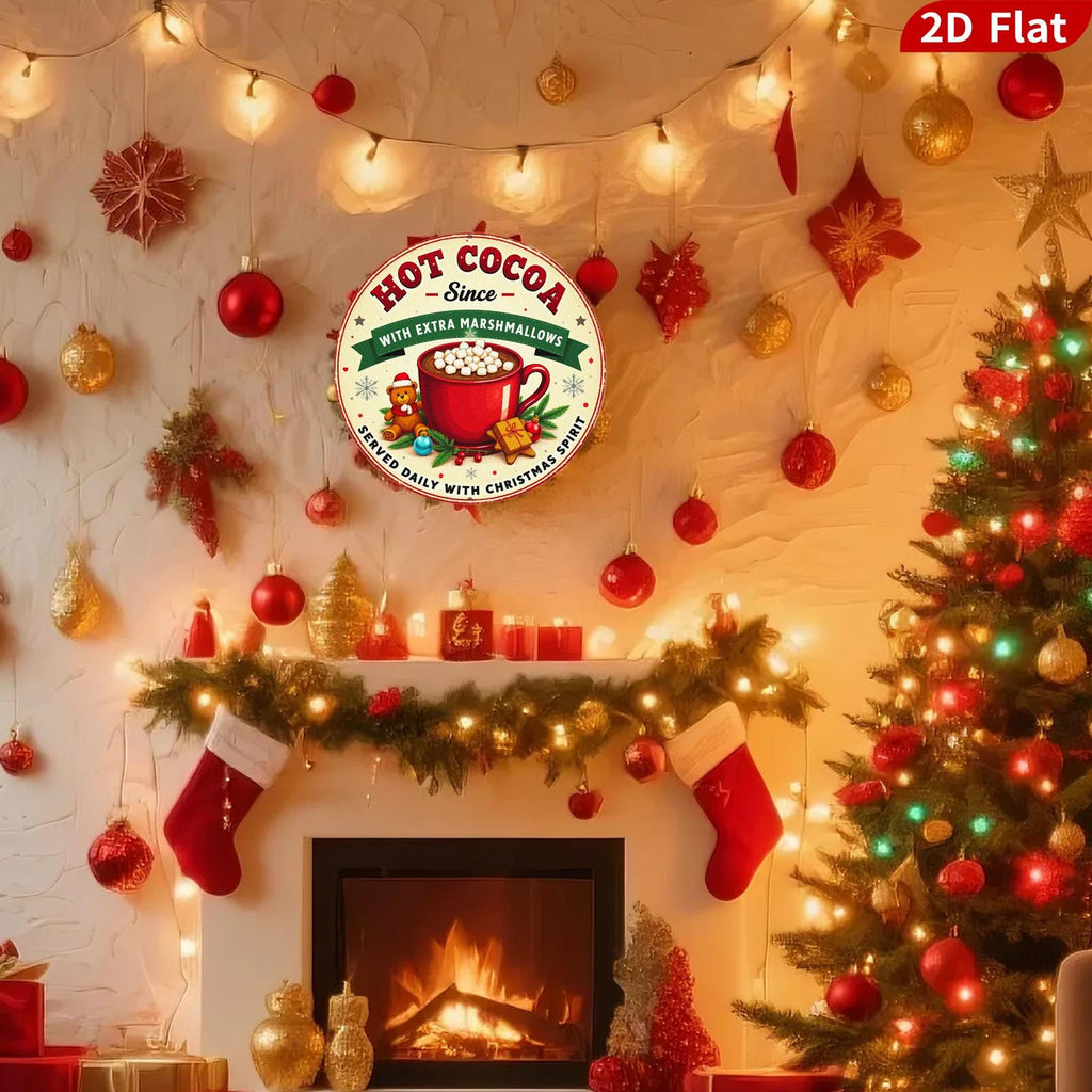 Hot Cocoa Metal Sign - With Extra Marshmallows, Round Christmas Kitchen & Holiday Wall Decor