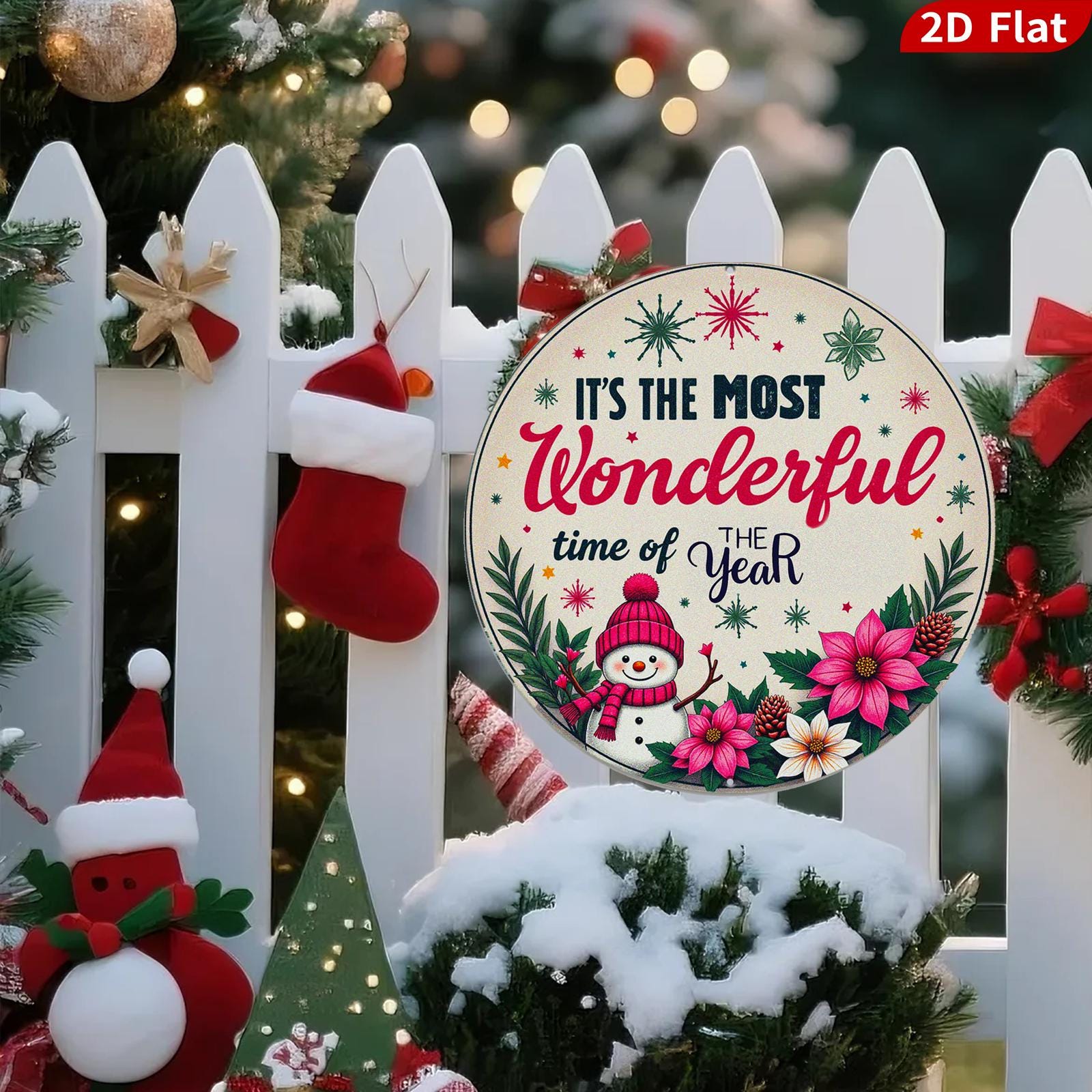 Christmas Metal Sign – Snowman & Poinsettia Holiday Wall Decor