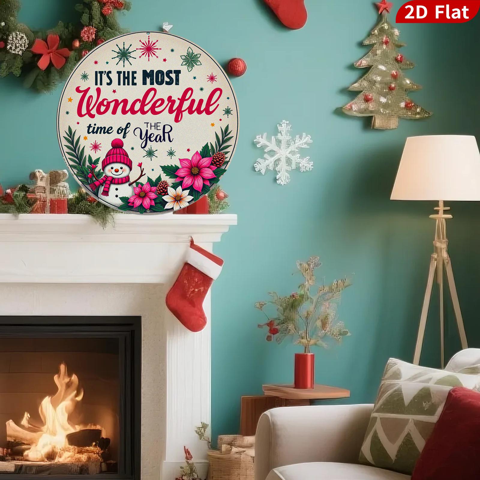 Christmas Metal Sign – Snowman & Poinsettia Holiday Wall Decor