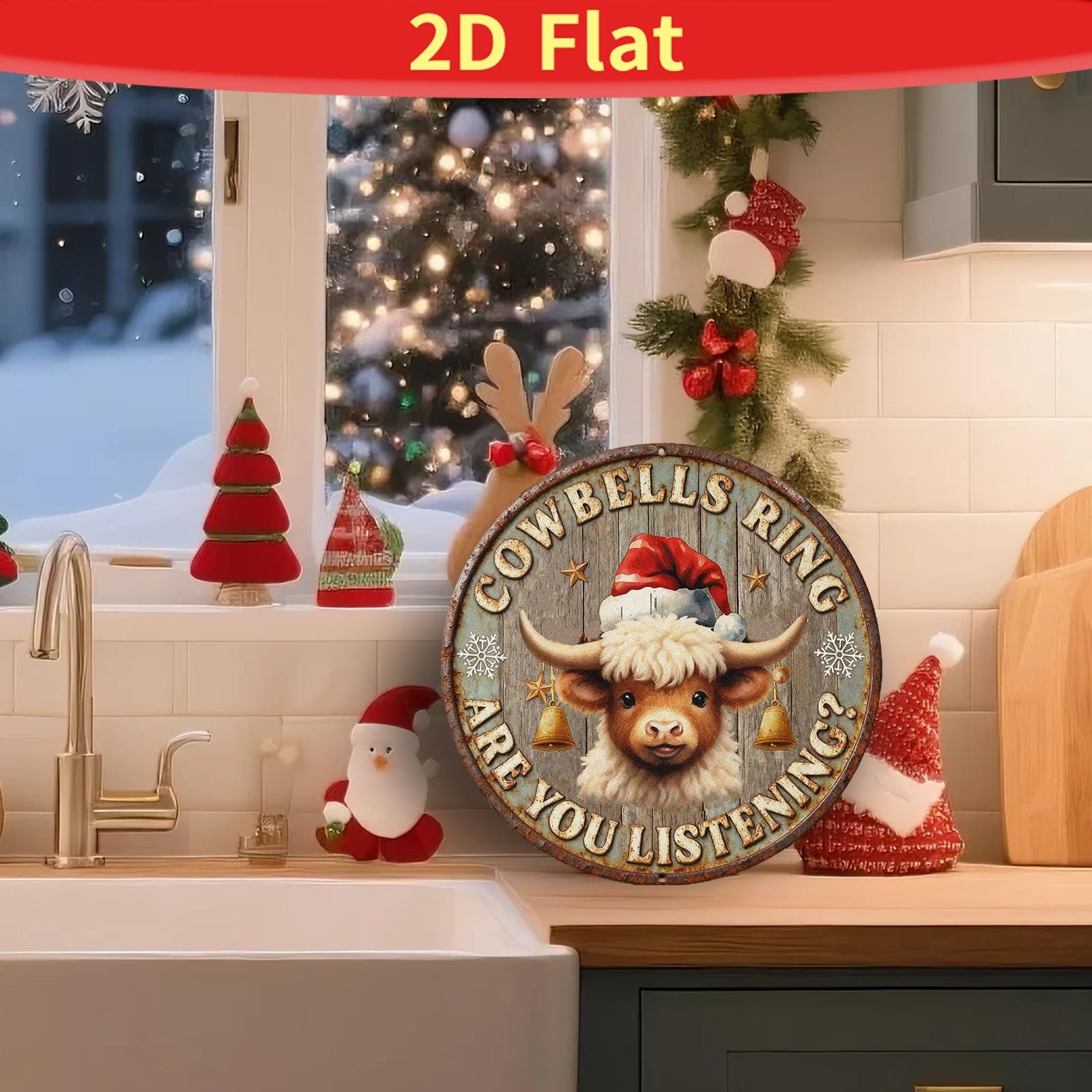 Cowbells Ring Metal Sign - Rustic Cow Christmas Round Farmhouse Decor, Santa Cow Wall Art