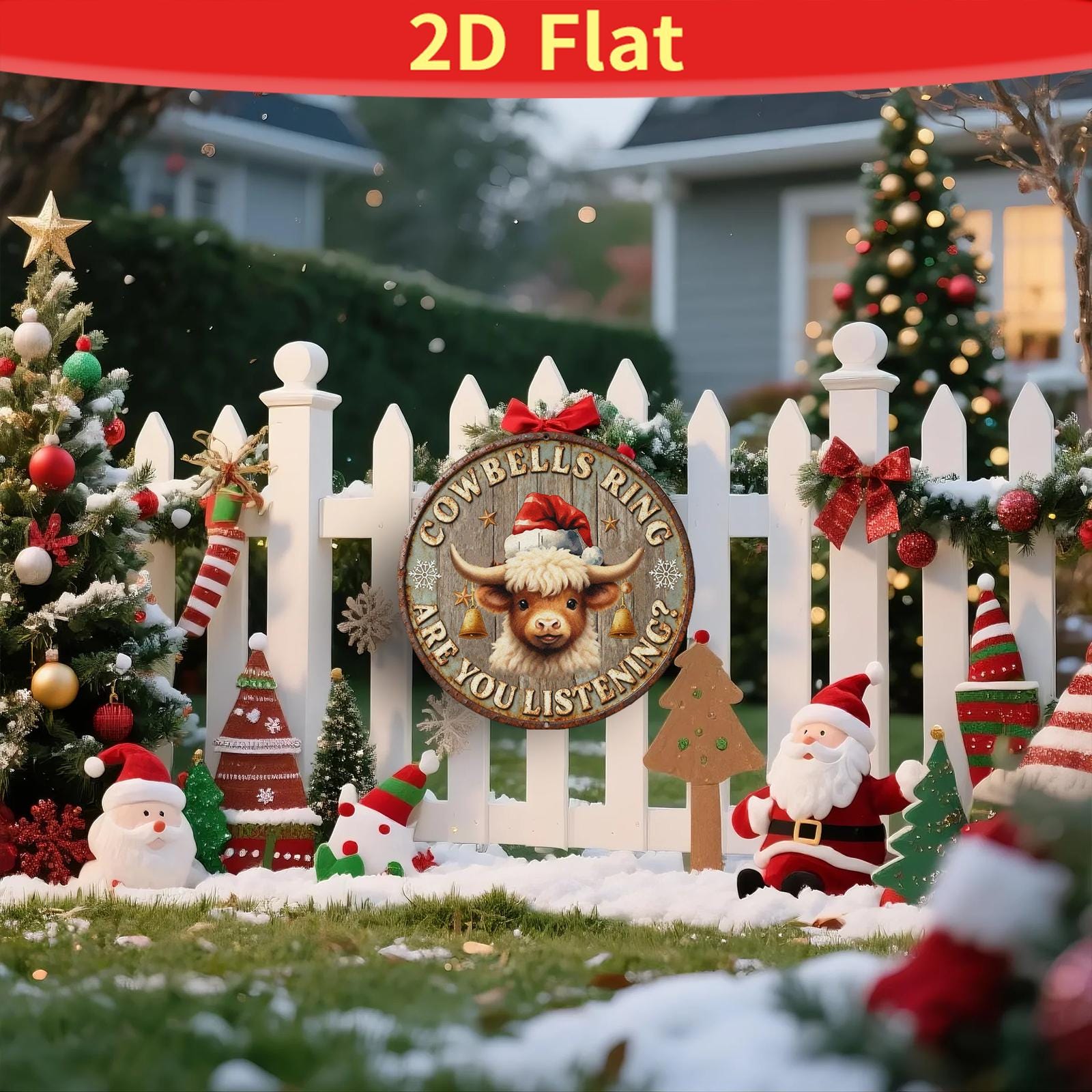 Cowbells Ring Metal Sign - Rustic Cow Christmas Round Farmhouse Decor, Santa Cow Wall Art