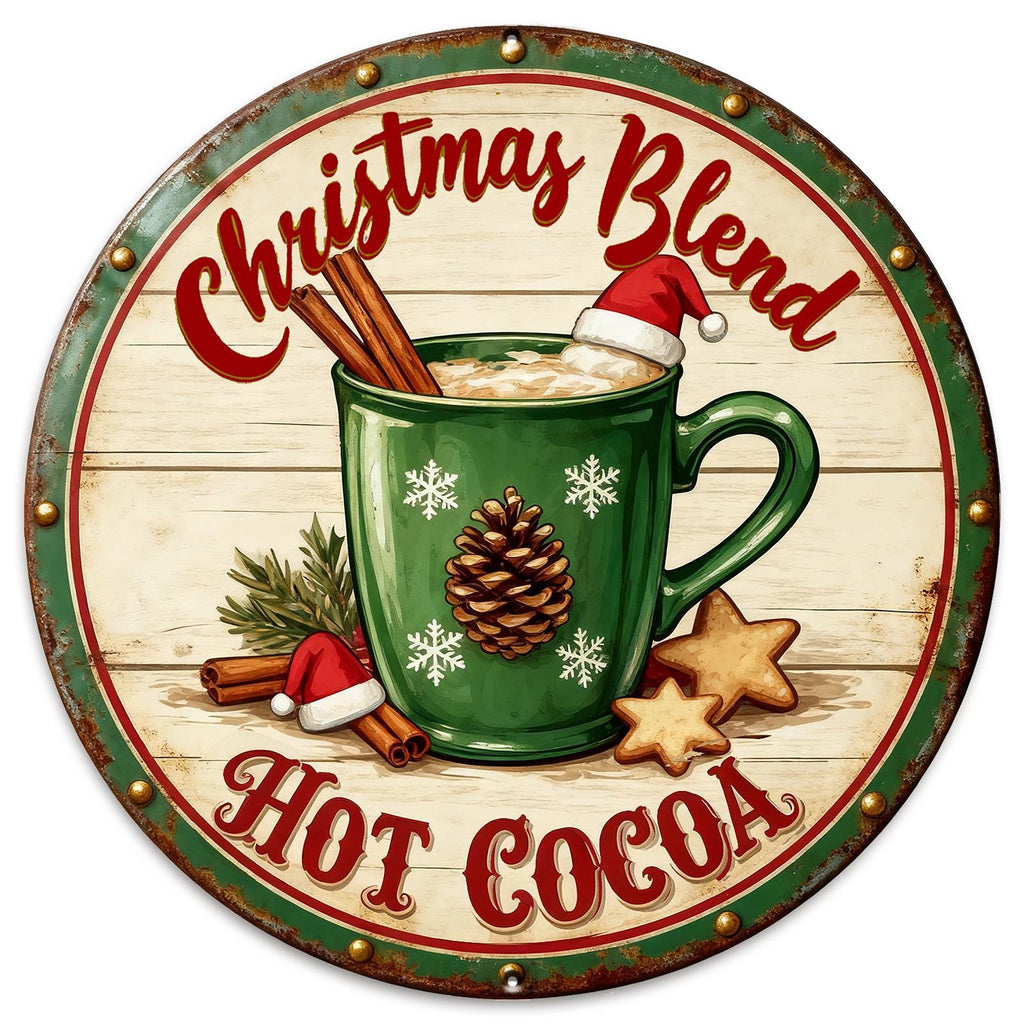 Enseigne Métal Cacao Chaud Mélange de Noël | Décoration Murale Ronde Vintage pour Cuisine & Ambiance Festive