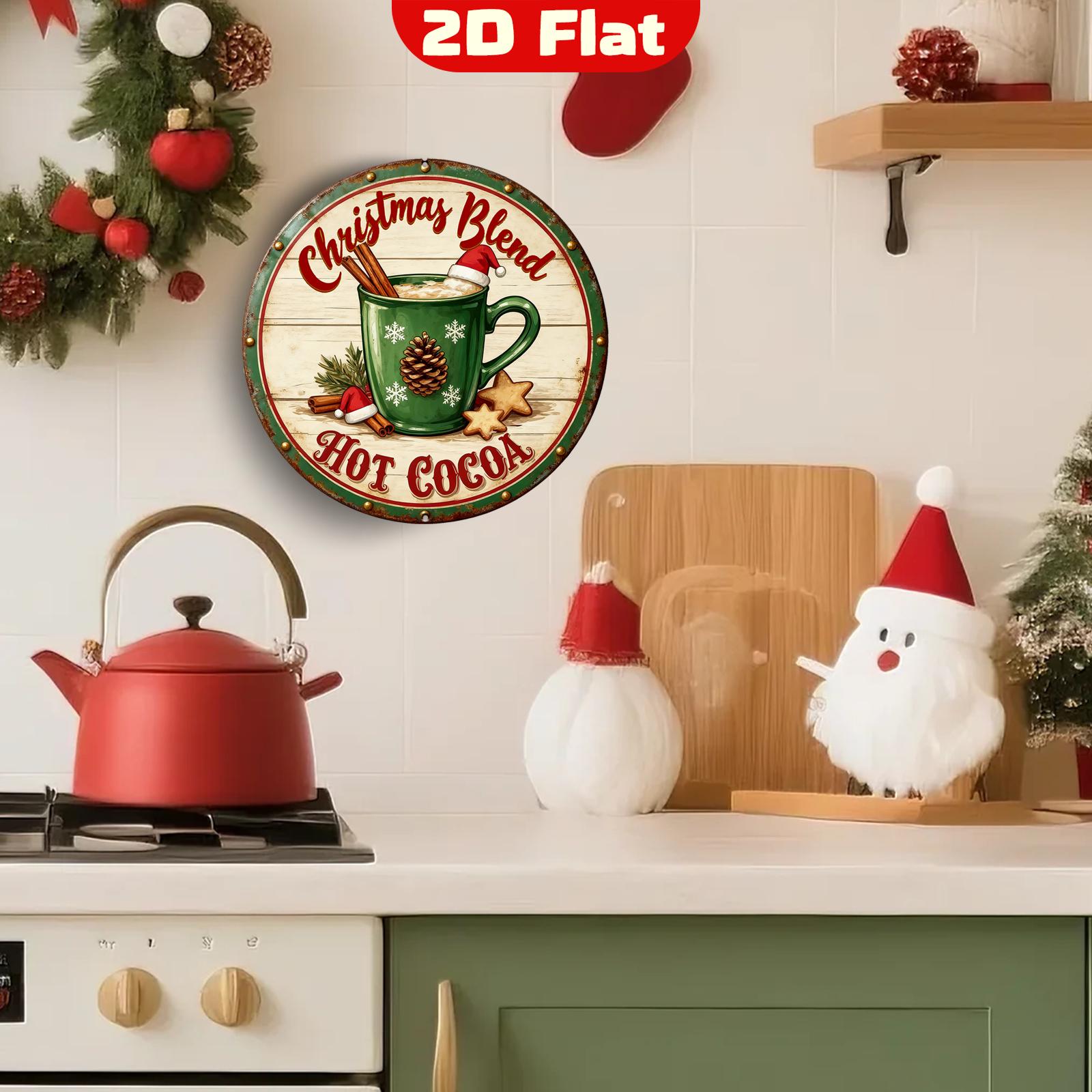 Christmas Blend Hot Cocoa Metal Sign - Round Vintage Holiday Kitchen & Cozy Wall Decor