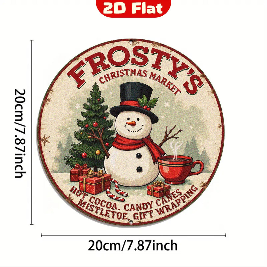 Enseigne Métal Marché de Noël Frosty | Bonhomme de Neige et Chocolat Chaud Plaque Murale Ronde Vintage pour les Fêtes…