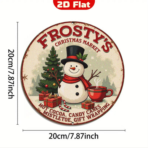 Enseigne Métal Marché de Noël Frosty | Bonhomme de Neige et Chocolat Chaud Plaque Murale Ronde Vintage pour les Fêtes…