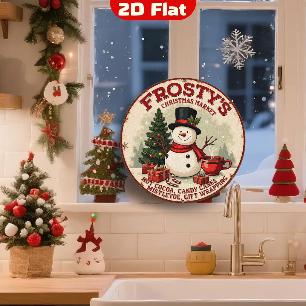 Enseigne Métal Marché de Noël Frosty | Bonhomme de Neige et Chocolat Chaud Plaque Murale Ronde Vintage pour les Fêtes…