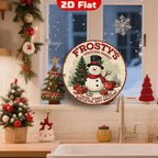 Enseigne Métal Marché de Noël Frosty | Bonhomme de Neige et Chocolat Chaud Plaque Murale Ronde Vintage pour les Fêtes…