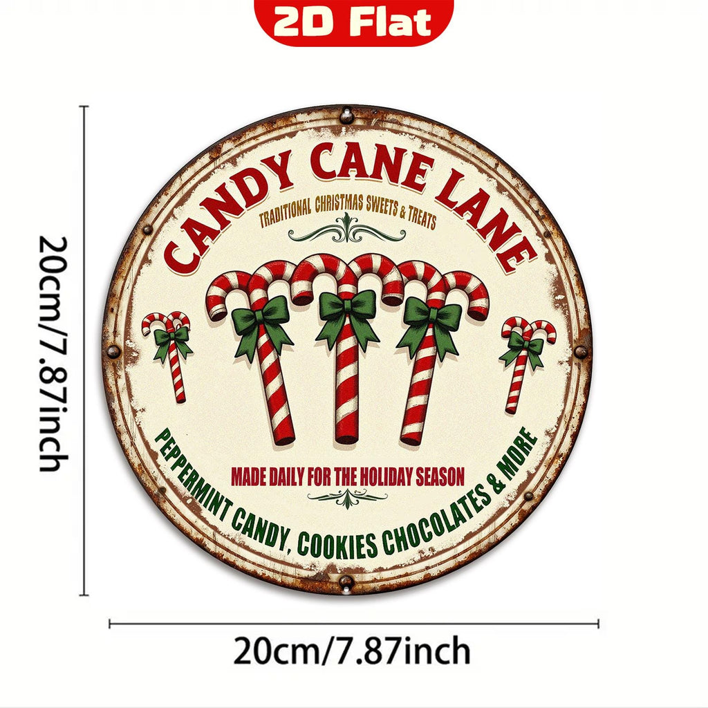 Candy Cane Lane Metallschild | Vintage Rundes Weihnachts-Zuckerstangen-Dekor, Feiertags-Küchenwand…