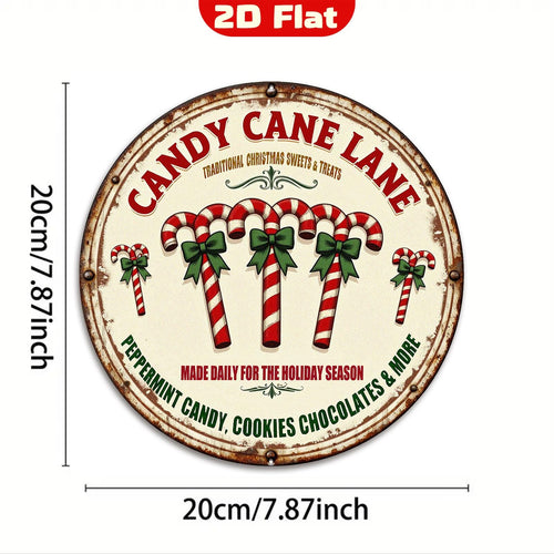Candy Cane Lane Metal Sign - Vintage Round Christmas Candy Decor, Holiday Kitchen Wall Art