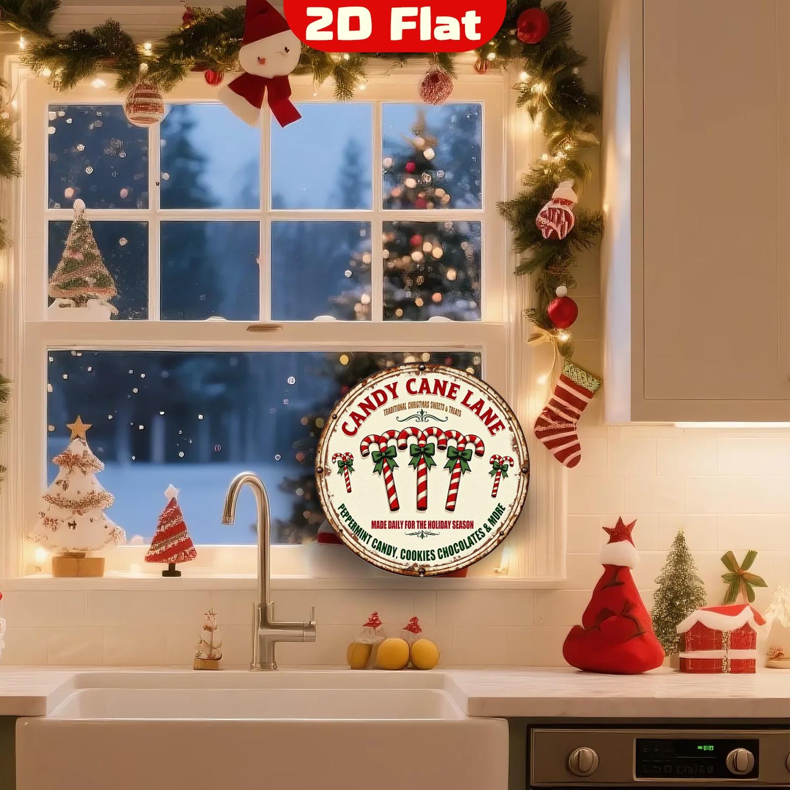 Candy Cane Lane Metal Sign - Vintage Round Christmas Candy Decor, Holiday Kitchen Wall Art