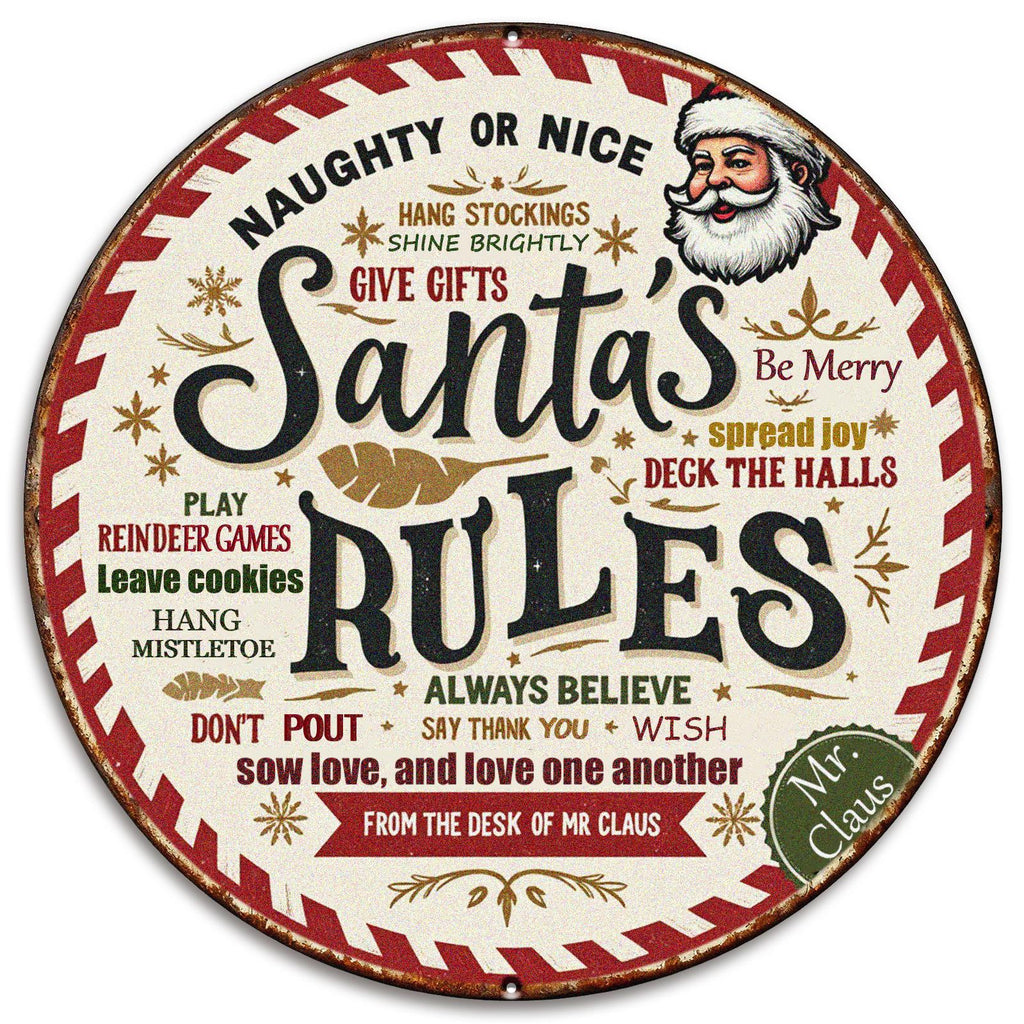 Plaque métallique Règles du Père Noël | Décoration murale de Noël vintage ronde, Plaque Règles de Noël