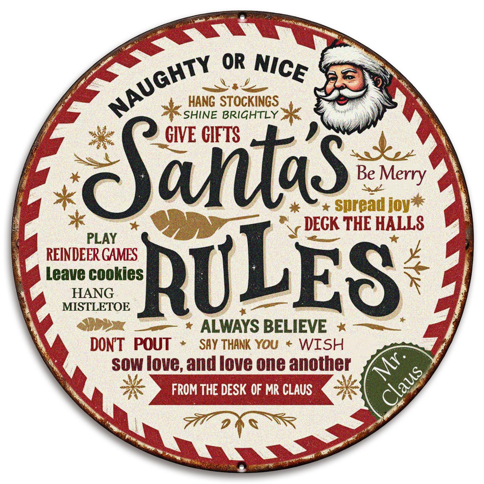 Santa's Rules Metal Sign - Round Vintage Christmas Wall Decor, Holiday Rules Plaque