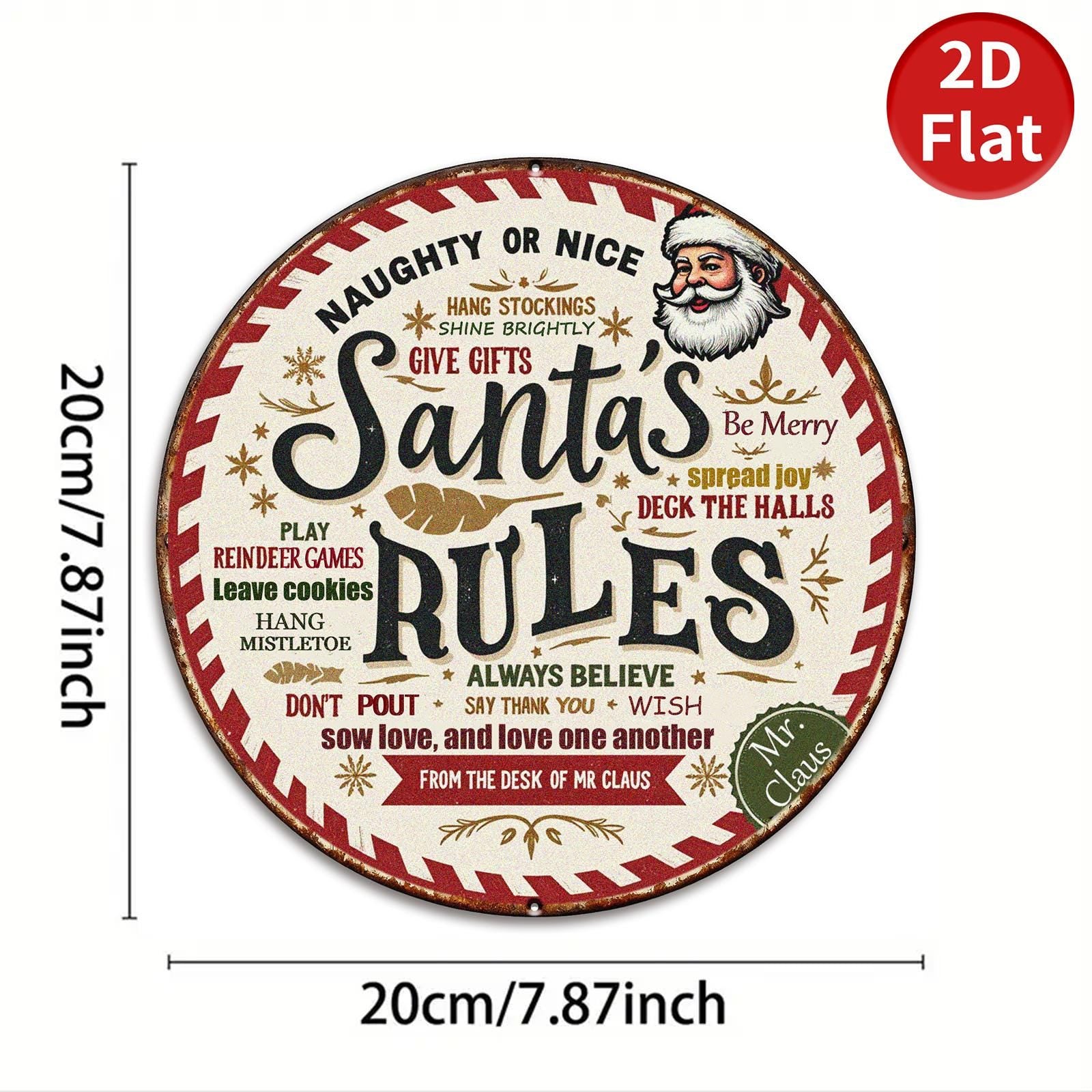 Santa's Rules Metal Sign - Round Vintage Christmas Wall Decor, Holiday Rules Plaque