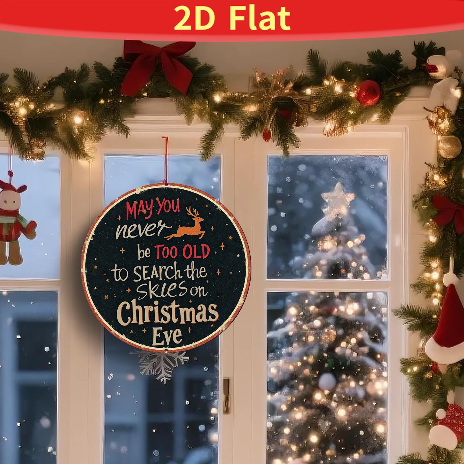 Vintage Round Christmas Sign "Search The Skies" – Rustic Holiday Wall Decor, Santa & Reindeer Quote Plaque