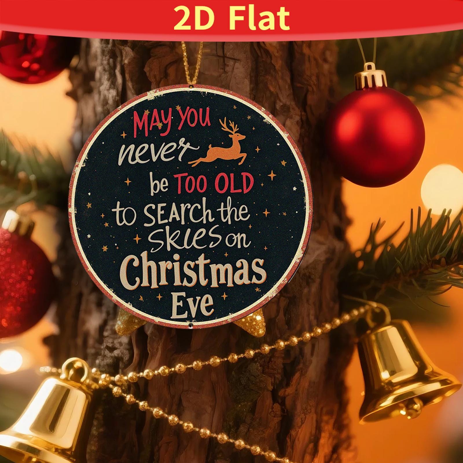 Vintage Round Christmas Sign "Search The Skies" – Rustic Holiday Wall Decor, Santa & Reindeer Quote Plaque