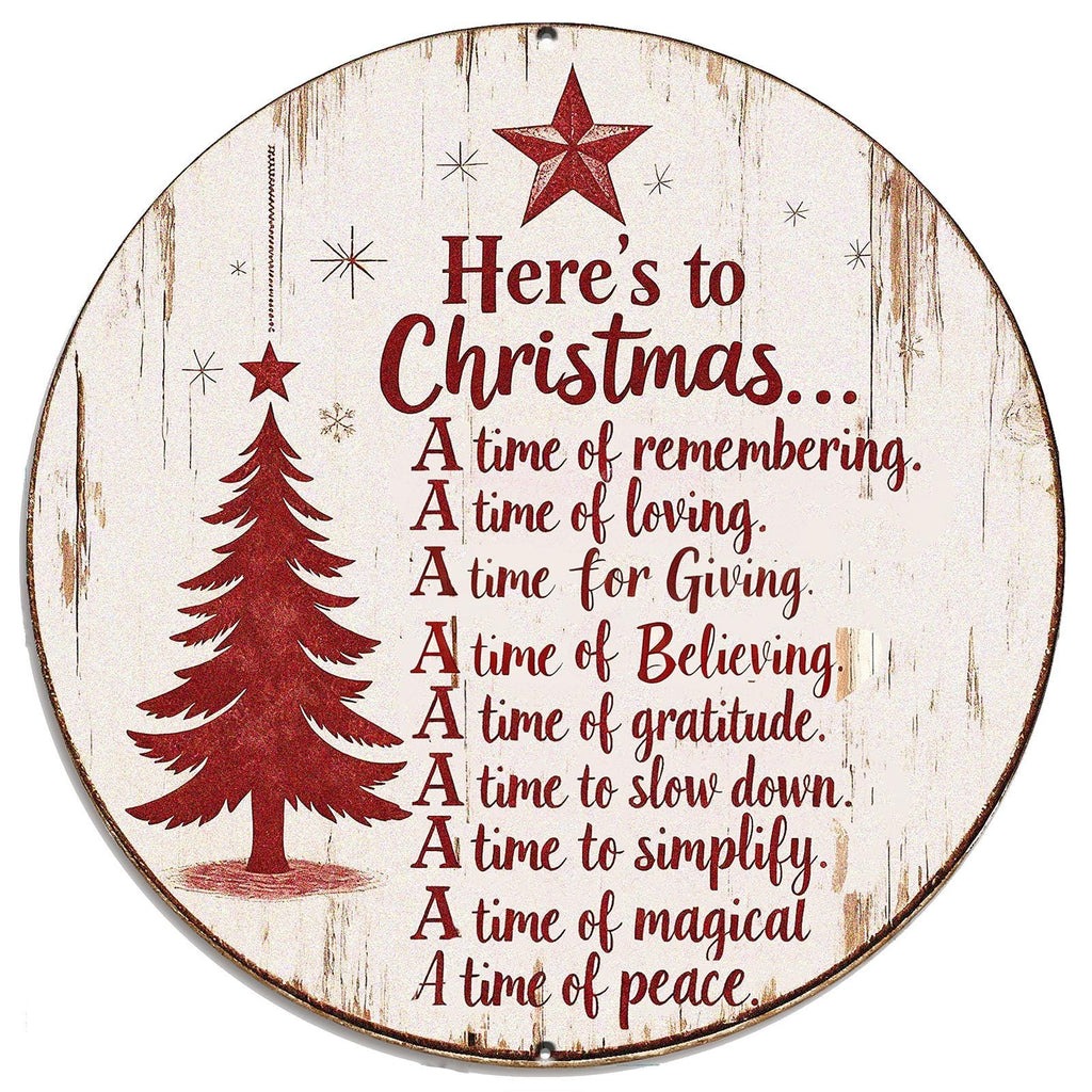 Christmas Round Metal Sign Rustic Holiday Wall Decor Here's to Christmas Quote
