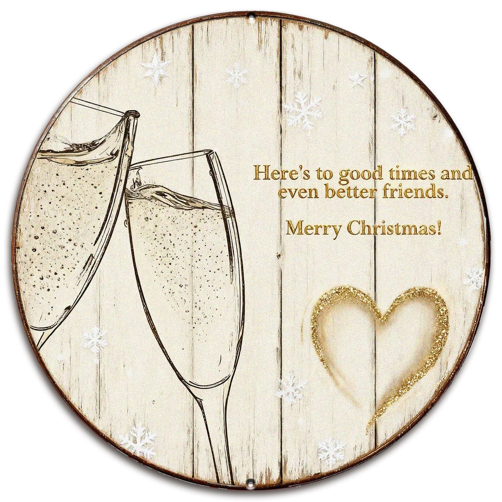 Metal Sign Merry Christmas Champagne Toast - Rustic Round Holiday Wall Decor, Friends Heart Gift